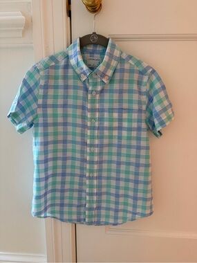 Crewcuts Short-Sleeve Plaid Button-Down Shirt in Blue and Teal